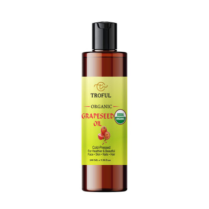 Troful Organic Grapeseed Oil - 100% Pure Cold Pressed Natural Grape Seed Carrier Oil for Skin Face Body Hair Massage Anti-Aging - Normal and Oily Skin (100ml)