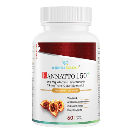 WELLNESS EXTRACT Eannatto 150mg Vitamin E Tocotrienols and 75mg Geranylgeraniol GG Supplement, 60 Softgels, Tocopherol Free, Supports Antioxidant Health, Cellular Energy, Healthy Aging.