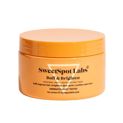 SweetSpot Labs Buff & Brighten, Daily Ingrown Hair Treatment Pads with BHA and AHA, Safe for Bikini Area, 50 Exfoliating & Brightening Wipes