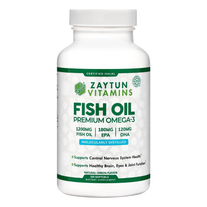 Zaytun Halal Fish Oil 1200mg Omega 3, Premium EPA/DHA, One Per Day, Supports Brain, Heart, Joint Health - 4 Months Supply, Lemon Flavor, Keto Friendly, Gluten Free - Halal Vitamins