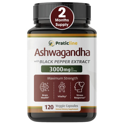 PRATIC LINE Ashwagandha Capsules 3,000 mg - 120 Vegan Cap Made with Organic Ashwagandha Powder and Root Extract. Gluten Free. Made in USA