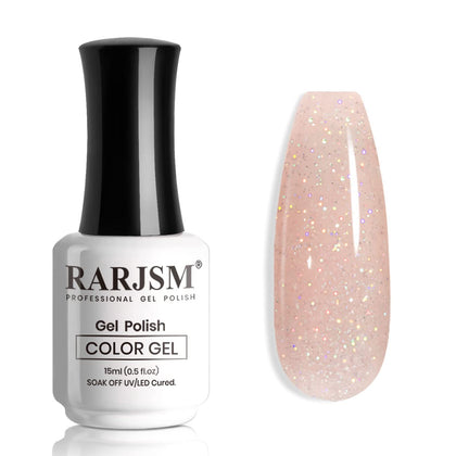 RARJSM Nude Glitter Nail Gel Polish Sheer Pink Jelly Shimmery Iridescent Sparkly Pink Holographic Pigments Translucent Natural Skin Tone Color Gel 15ml Soak off UV LED Cured Home Salon