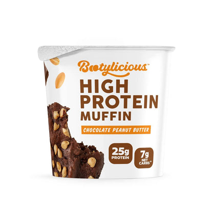 Bootylicious | High-Protein Muffin | 25g Protein, 7g Net Carbs, 2.32-2.75oz Cup, 12-Pack (Chocolate Peanut Butter)