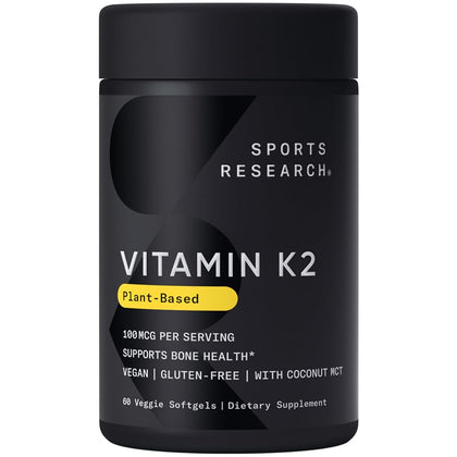 Sports Research Vitamin K2 as MK-7 100mcg with Coconut MCT Oil - 60 Veggie Softgels (2 Month Supply) Vegan Certified, Non-GMO Verified, Gluten & Soy Free - Citrus Aroma