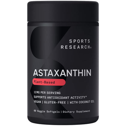 Sports Research Triple Strength Vegan Astaxanthin Supplement from Algae - Plant Based Softgels for Antioxidant Activity, Skin & Eye Health - Non-GMO Verified, Made with Coconut Oil - 12mg, 60 Count