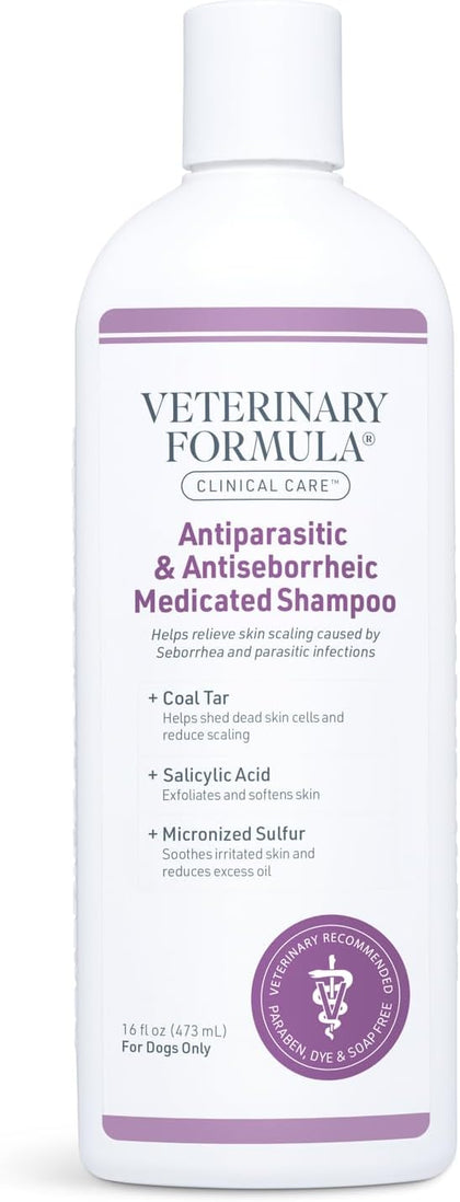 Veterinary Formula Clinical Care Antiparasitic & Antiseborrheic Medicated Dog Shampoo, 16 oz - Paraben, Dye, Soap Free - Hydrating and Antifungal Shampoo for Dogs, White