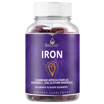 BeLive Iron Gummies - Multivitamin with Iron, Vitamins & Zinc for Blood Oxygen - Grape Flavor, Vegan Supplement for Women, Men & Kids