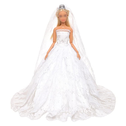 BARWA White Wedding Dress with Long Veil Evening Party Princess White Lace Gown Dress for 11.5 Inch Girl Doll