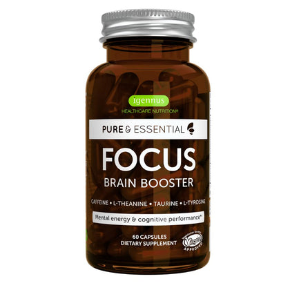 Pure and Essential Focus Comprehensive Nootropic, 200mg Caffeine, L-Theanine, Taurine, L-Tyrosine, B-Vitamins, Non-GMO, Brain Booster and Cognitive Performance, Fast Acting & Non Jittery, 60 Capsules