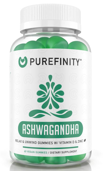 PUREFINITY Ashwagandha Gummies for Women & Men with Vitamin D & Zinc - Ashwagandha Supplement Gummies for Mood Support, Calming & Relaxing - Gluten Free, Non-GMO, Vegan - 60 Gummies