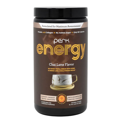 Perk Energy - Chai Flavored Beverage Mix with Zero added Sugar - Provides a Boost in Energy and is Packed with Protein, Collagen