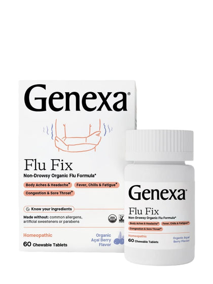 Genexa Flu Fix | Multi-Symptom Flu Remedy for Kids & Adults | Delicious Organic Acai Berry Flavor | Certified Organic & Non-GMO | Homeopathic Remedy Made Clean | 60 Chewable Tablets