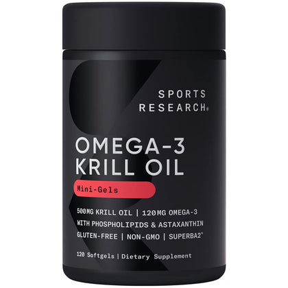 Sports Research Antarctic Krill Oil Omega 3 Mini-Softgels 500mg with Phospholipids, Choline & Astaxanthin - Sustainably Sourced, Non-GMO Verified & Gluten Free - 120 Softgel Capsules