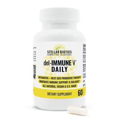 Del-Immune V Daily by Stellar Biotics, All-Natural Immune Support & Gut Health, Immediate Care, Metabiotic: NextGen Probiotic Therapy (60 Caps)