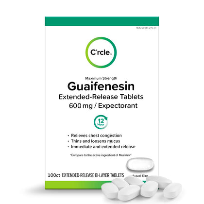 C'rcle Guaifenesin 600mg 100 Tablets - Guaifenesin Tablets for Chest Congestion Relief & Expectorant Mucus Relief - Extended Release Decongestant 12-Hour Relief - Thins and Loosens Mucus