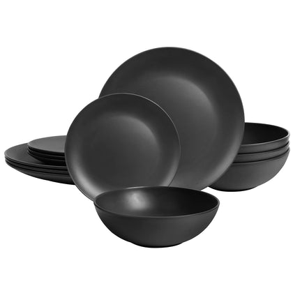 Dinnerware Sets 12 pcs Black Plates and Bowls Sets Melamine Plates Indoor and Outdoor use Matte Black Dish Set Plate Set for 4 Dishwasher Safe(Round)