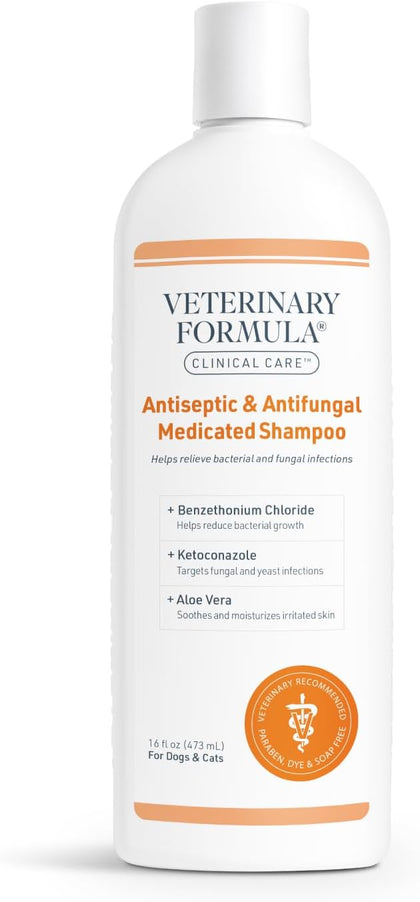 Veterinary Formula Clinical Care Antiseptic and Antifungal Medicated Shampoo for Dogs & Cats, 16oz - Helps Alleviate Scaly, Greasy, red Skin - Paraben, Dye, Soap-Free