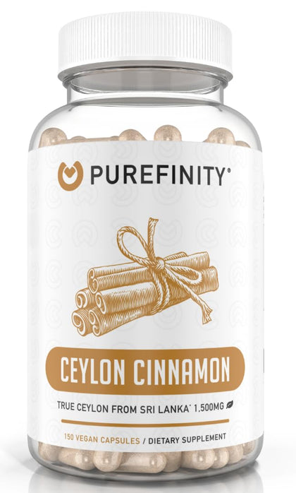 PUREFINITY Organic Ceylon Cinnamon Capsules 1500mg - Ceylon Cinnamon Supplement from Sri Lanka, Powerful Antioxidants, Vegan, Non-GMO - 150 Capsules (75 Day Supply)