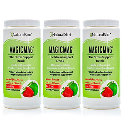 NaturalSlim Magicmag Pure Magnesium Citrate Powder - Stress, Constipation, Muscle, and Heart Support | Natural Strawberry & Lime Flavored Magnesium Supplement - 8oz Drink Mix (3 Pack)