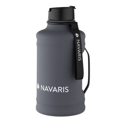 Navaris Half Gallon Water Bottle with Handle - Single-Walled 74 oz (2.2L) Stainless Steel Water Jug - Large Reusable Metal Drinking Bottle for Sports