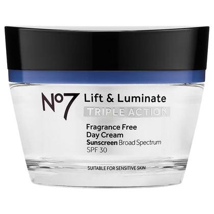 No7 Lift & Luminate Triple Action Fragrance Free Day Cream SPF 30 - Broad Spectrum Anti Aging Face Cream - Hydrating Hibiscus Peptides & Hyaluronic Acid + Brightening Emblica & Vitamin C (50ml)