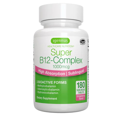 Super B12-Complex 1000mcg, Sublingual & Methylated Vitamin B12, Methylcobalamin, Adenosylcobalamin & Hydroxocobalamin, 180 Servings, Clean Label, High Absorption Sugar-Free Melts, Vegan, by Igennus