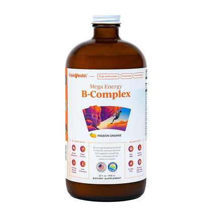 LIQUIDHEALTH 32 Oz B Complex Liquid Super Mega Energy Active B Vitamins Supplements Bcomplex Methlayted, Vegan, Gluten, Soy, Sugar Free