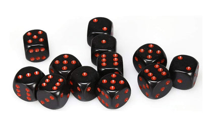 Chessex Dice Sets: Opaque Black w Red - 16mm Six Sided Die (12) Block of Dice