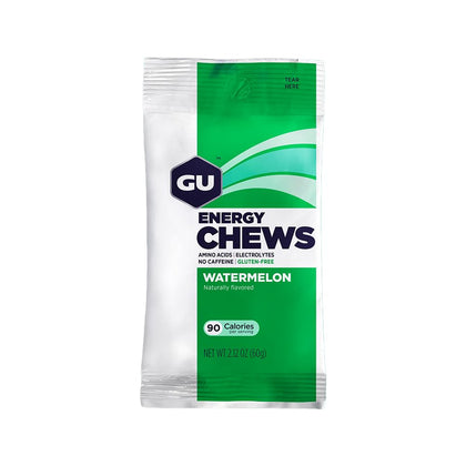 GU Energy Chews, Watermelon Energy Gummies with Electrolytes, Vegan, Gluten-Free, Kosher, Caffeine-Free, and Dairy-Free On-The-Go Energy for Any Workout, 12 Bags (24 Servings Total)