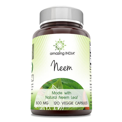 Amazing India Neem (Made with Natural Neem Leaf) Supplement | 500 Mg Per Serving | 120 Veggie Capsules | Non-GMO | Gluten Free | Made in USA