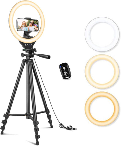 Sensyne 10'' Ring Light with 50'' Extendable Tripod Stand, LED Circle Lights with Phone Holder for Live Stream/Makeup/YouTube Video/TikTok, Compatible with All Phones (Used - Like New)