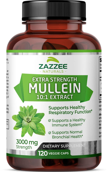 Zazzee Extra Strength Mullein 10:1 Extract, 3000 mg Strength, 120 Vegan Capsules, 4 Month Supply, Concentrated and Standardized 10X Extract, 100% Pure Leaf Powder, All-Natural and Non-GMO