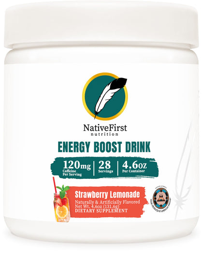 NativeFirst Energy Boost Drink Mix (28 Servings) - 160mg Caffeine per Serving, Gluten Free, Non-GMO (Strawberry Lemonade)