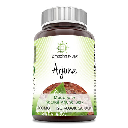 Amazing India Arjuna (Made with Natural Arjuna) 500 Mg 120 Veggie Capsules Supplement | Non-GMO | Gluten Free