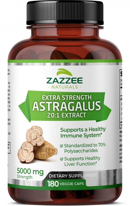 Zazzee Extra Strength Astragalus Root 20:1 Extract, 5000 mg Strength, 70% Polysaccharides, 180 Vegan Capsules, 6 Month Supply, 100% Vegetarian, Standardized and Concentrated 20X Extract, Non-GMO