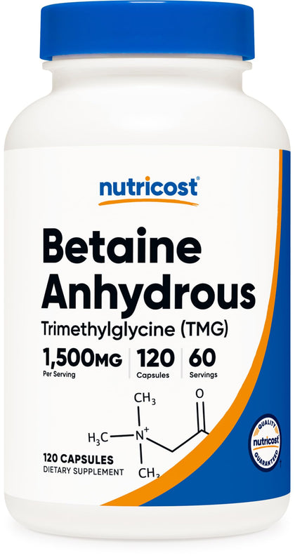 Nutricost Betaine Anhydrous Capsules 1500mg, 60 Servings - Gluten Free, Non-GMO, 750mg Per Cap, 120 Capsules (Expiry 4/01/2027)