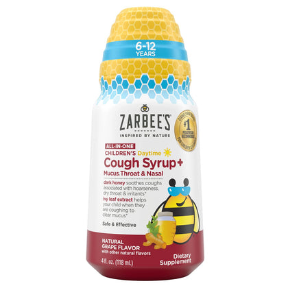 Zarbee's Kids All-in-One Daytime Cough for Children 6-12 with Dark Honey, Turmeric, B-Vitamins & Zinc, 1 Pediatrician Recommended, Drug & Alcohol-Free, Grape Flavor, 4FL Oz