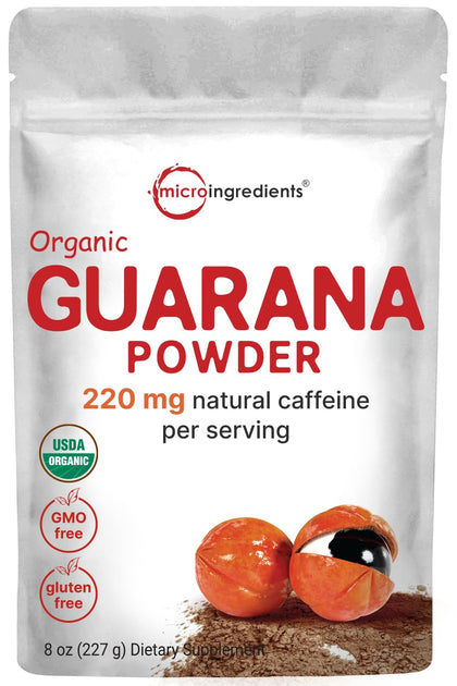 Micro Ingredients Organic Guarana Powder 1,000mg Per Serv, 8 Ounces | 220mg Natural Caffeine Energizer, Brazilian Herbal Extract, Raw, Bulk Superfood, Coffee Substitute, Vegan Friendly, & Non-GMO