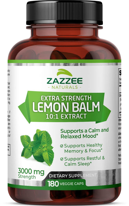 Zazzee Organic Lemon Balm 10:1 Extract, 3000 mg Strength per Capsule, 180 Vegan Capsules, 6 Month Supply, Standardized and Concentrated 10X Extract, 100% Vegetarian, All-Natural and Non-GMO