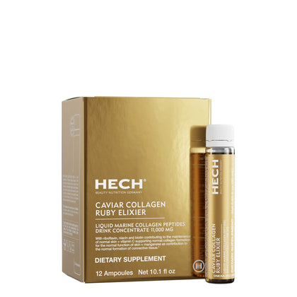 HECH Caviar Collagen Ruby Elixier - Beauty Supplement with 11,000 mg Marine and Caviar Collagen Peptides, Polyphenols and Complex of 9 bioactive Vita-Mineral Nutrients