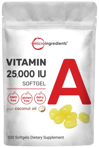 Micro Ingredients Maximum Strength Vitamin A 25000 IU | 500 Softgels with Coconut Oil for Better Absorption | Essential Vitamins for Vision, Growth, & Reproduction | Non-GMO, Easy to Swallow