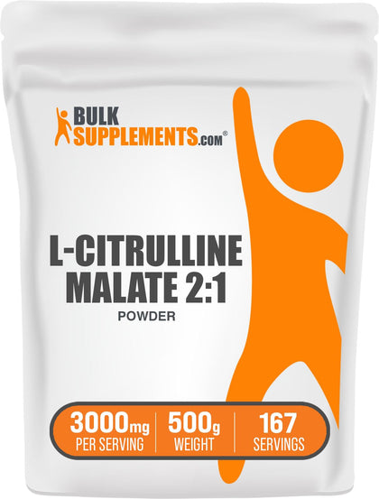 BulkSupplements.com L-Citrulline Malate 2:1 Powder - L Citrulline Malate Supplement, Citrulline Malate Powder - Unflavored & Gluten Free - 3g per Servings, 500g (1.1 lbs) (Pack of 1)