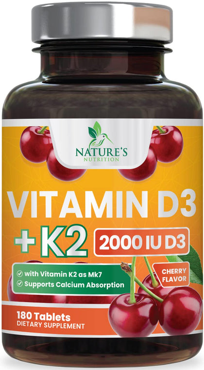 Vitamin D3 K2 as MK-7 with 2000iu of D3 & 75mcg K2, Vitamin K2 D3 Bone Strength Supplements Support Calcium Absorbtion for Teeth & Bone Health + Muscle & Immune Health Support - 180 Chewable Tablets