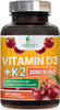 Vitamin D3 K2 as MK-7 with 2000iu of D3 & 75mcg K2, Vitamin K2 D3 Bone Strength Supplements Support Calcium Absorbtion for Teeth & Bone Health + Muscle & Immune Health Support - 180 Chewable Tablets