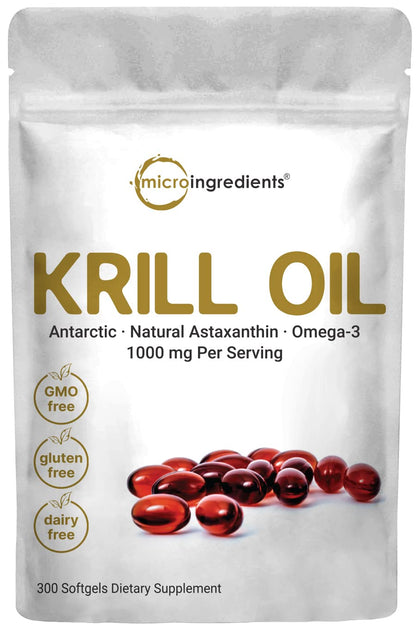 Micro Ingredients Antarctic Krill Oil Supplement, 1000mg Per Serving, 300 Soft-Gels, Rich in Omega-3s EPA, DHA & Natural Astaxanthin, Supports Immune System & Brain Health, Easy to Swallow