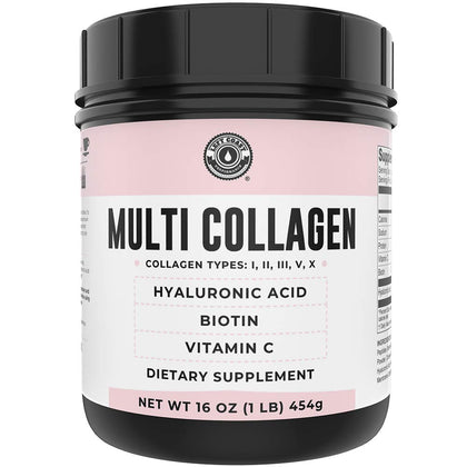 Multi Collagen Peptides Types I, II, III, V, X with Hyaluronic Acid, Biotin, Vitamin C, Grass-Fed Hydrolyzed Protein Collagen, For Skin Hair Nails Joints and Gut Health - Keto & Paleo Friendly Non-GMO