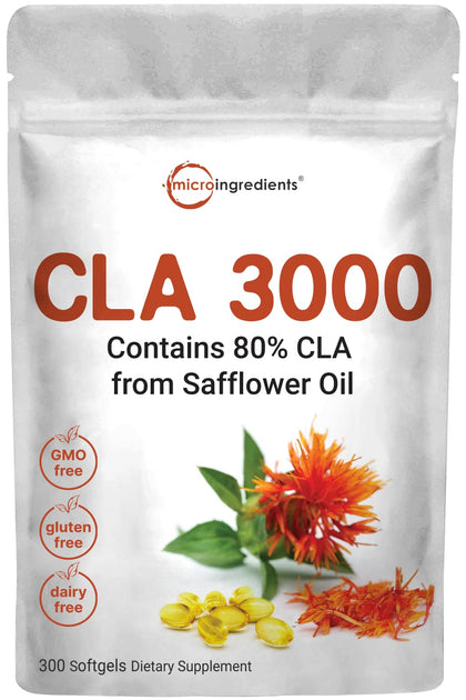 Micro Ingredients CLA Supplements 3000mg Per Serving | 300 Softgels, Made with 80% CLA from Non-GMO Safflower Oil, Active Conjugated Linoleic Acid