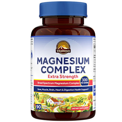 Vitalitown Magnesium Complex, 300 MG Elemental Magnesium, 5 Broad-Spectrum Forms Glycinate Taurate Citrate Malate, Extra Strength for Bone Muscle Brain & Heart Health, Non-GMO, No Gluten, 90 Veg Cap