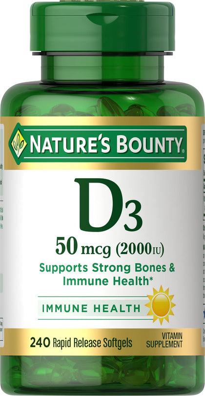 Nature's Bounty Vitamin D3, Immune and Bone Support, Vitamin Supplement, 2000IU, 240 Rapid Release Softgels