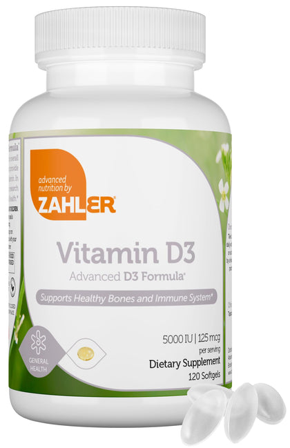 Zahler - Advanced Vitamin D3 5000 IU Softgels (120 Count) Kosher Vegetarian Friendly Vitamin D for Immune Support, Bone, Teeth & Muscle Health - Daily D3 Vitamin Supplement for Adults - Easy Swallow V